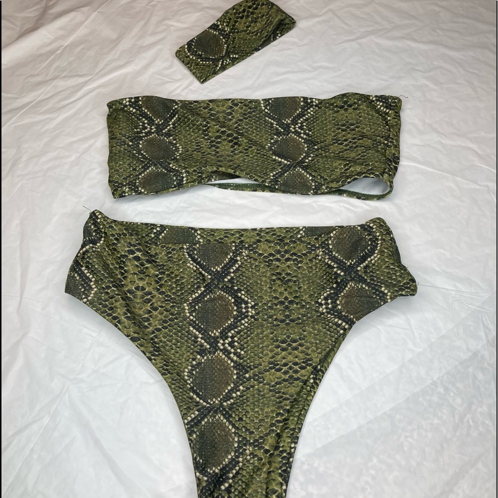 Snake skin bandeau bikini and scrunchy